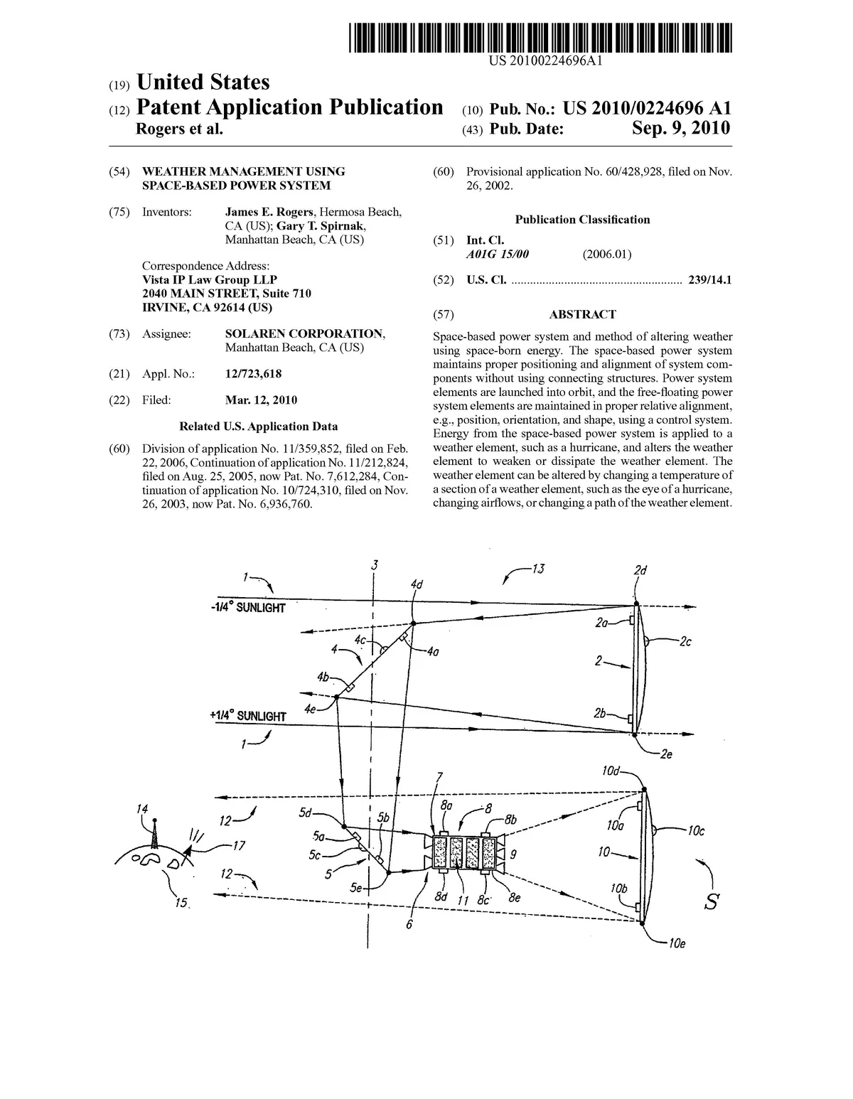 Diagram illustrating weather management using a space-based power system, detailing energy application to weather elements like hurricanes